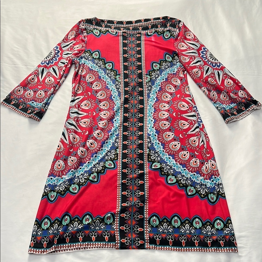 ECI Red Multicolor Boho Print Off-Shoulder Dress